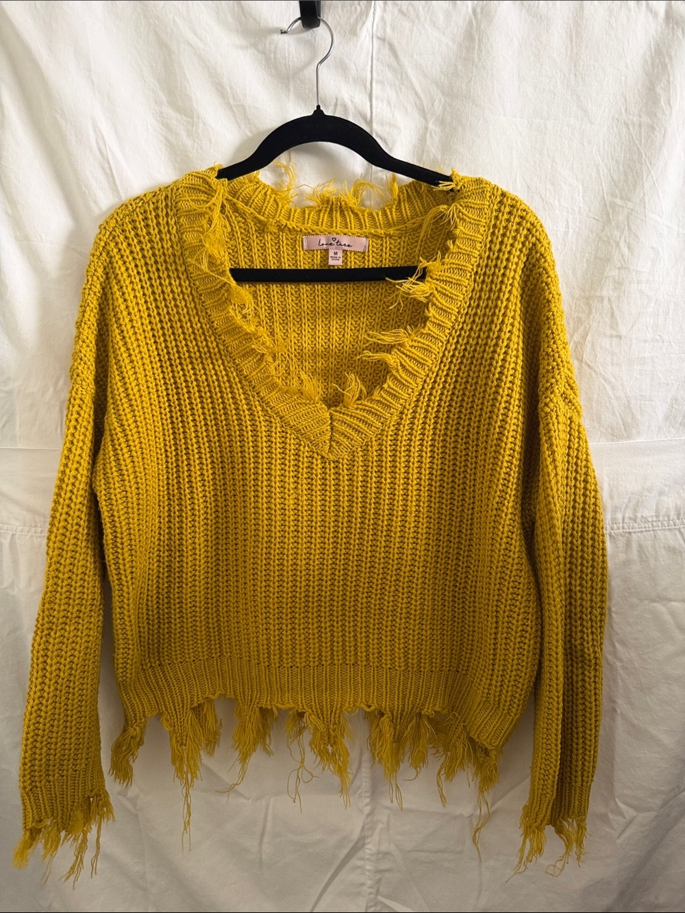 Love Tree Mustard Yellow Distressed V-Neck Chunky Knit Sweater